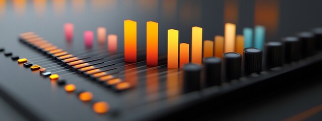 A 3D rendered image of a digital spectrum analyzer console displaying the frequency distribution and amplitude of an electronic signal in a vibrant color coded graph or chart