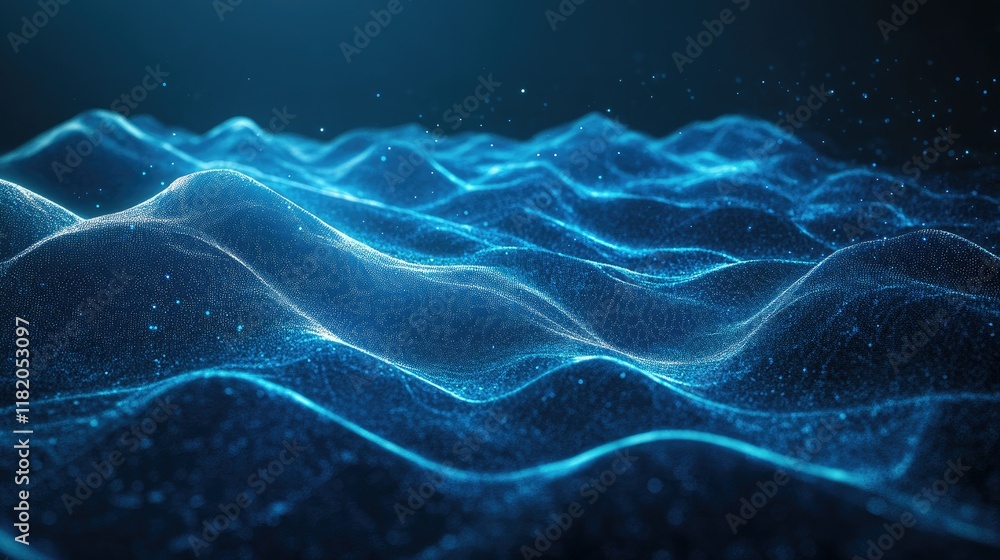 Poster smooth abstract blue waves flowing across the frame with subtle gradients and glowing light accents 