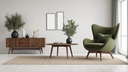modern mid century and minimalist room, Olive Green decor concept, Black armchair