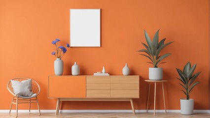 Cornflower cabinet on Tangerine wall color background, with blank frame mockup