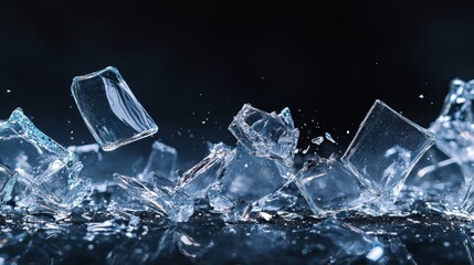 Obraz premium Shattered Glass Fragments on Dark Surface with Sparkling Reflections