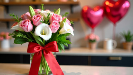 Obraz premium Pink tulips, white calla lilies and greenery, red wide ribbon, modern flower shop, copy space, balloons in the form of hearts on the background in blur, valentines day