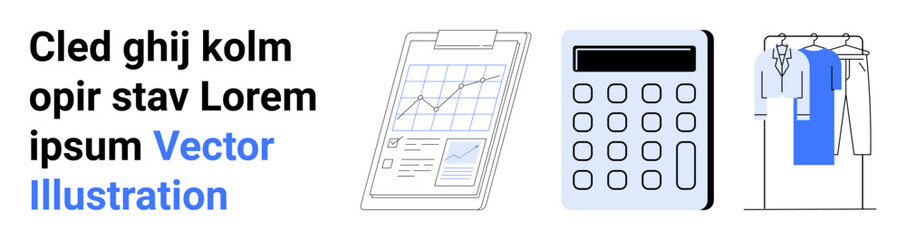 Graph on clipboard, calculator, and clothing rack with blue clothing on hanger. Ideal for business analysis, finance, accounting, retail, fashion management, productivity online shopping website