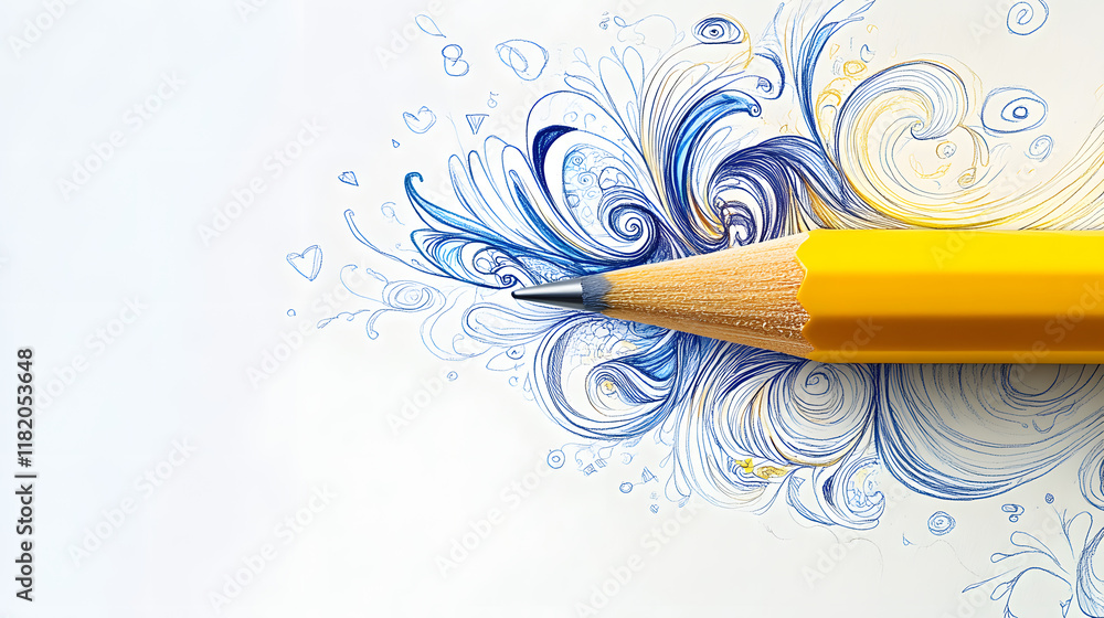 Poster flat design vector illustration of a yellow pencil creating a fantastic image with creative graphic 