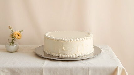 Light beige background; just a photo printed cake on a table with a tablecloth