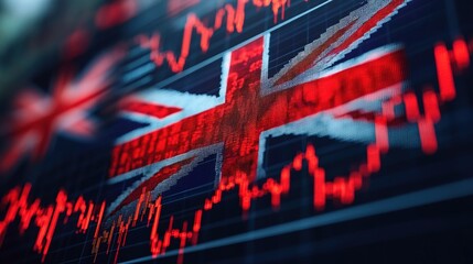 A graphic representation featuring the UK flag overlaid on financial market trends.