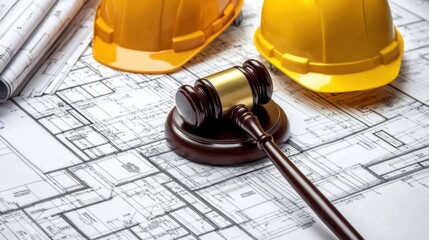 Gavel on Blueprint with Hard Hats Symbolizing Construction Law