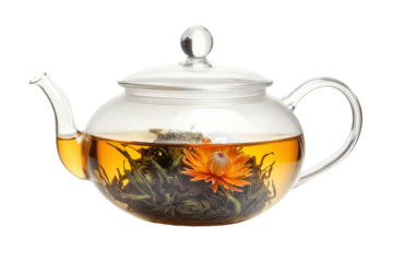 A tranquil moment with blooming tea in an elegant glass teapot on a serene afternoon