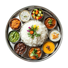 A traditional Indian Thali platter featuring a variety of curries rice vegetables and chutn
