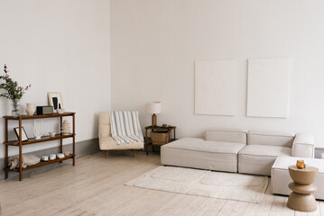 Scandinavian minimal modern living room with white couch, armchair and rug