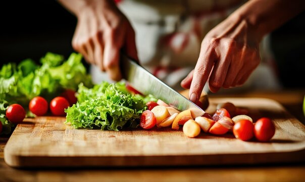 Healthy Living and Plant based nutritional. Fresh vegetables being chopped on a wooden cutting board in a kitchen setting.