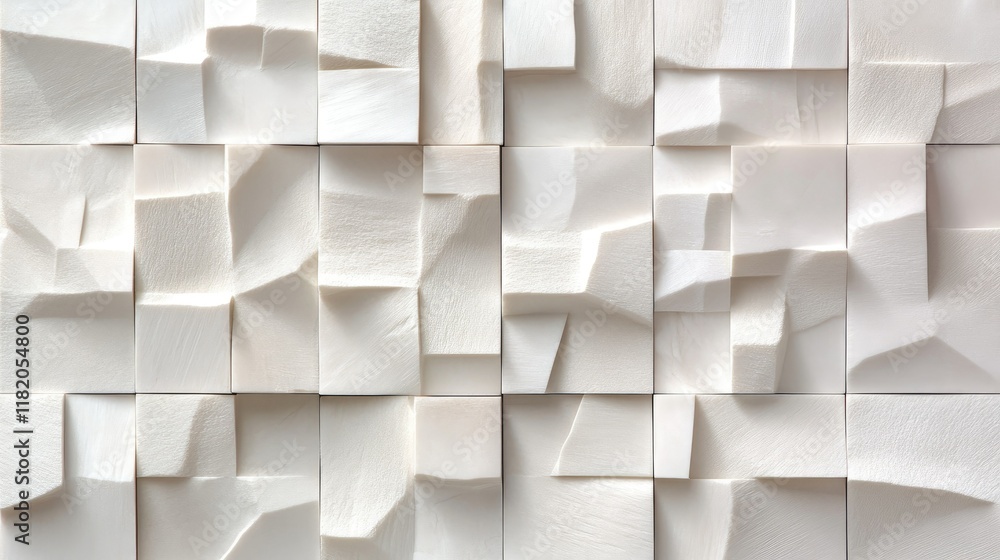 Poster white 3d tiles arranged in a staggered pattern with soft edges and shadows, creating a modern and su