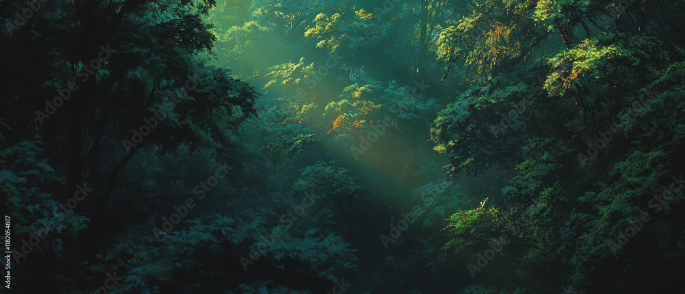 Leinwandbilder sunlight filters through dense forest canopy creating a serene green atmosphere
