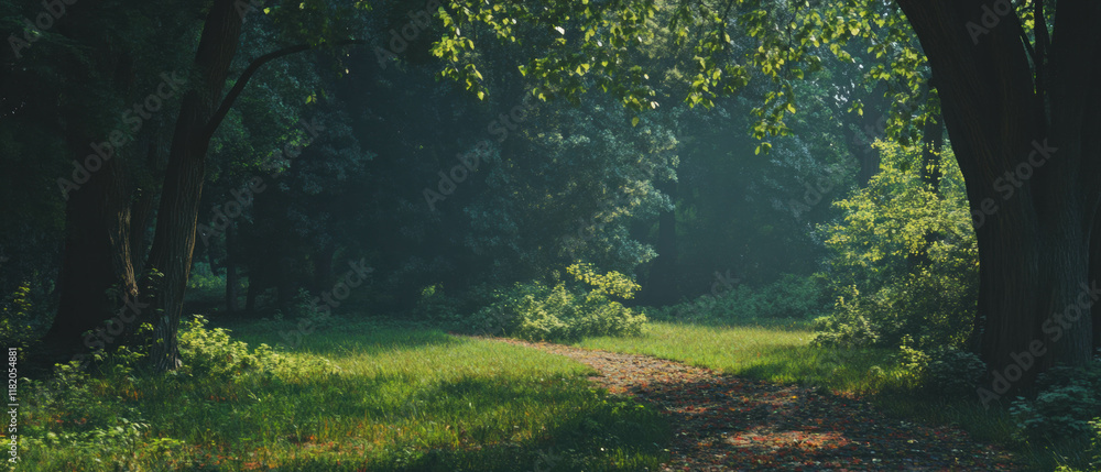 Poster serene forest path inviting exploration through dappled sunlight and autumn leaves