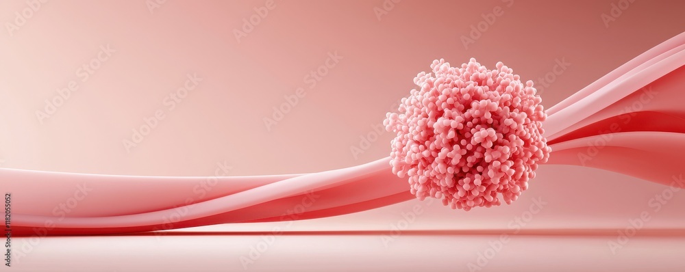 Poster a soft pink ribbon gracefully swirls around a fluffy spherical shape, creating a serene and elegant 