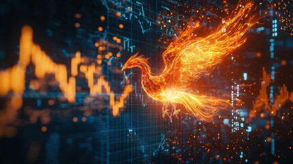 Glowing phoenix rises amid digital data visualization with abstract graphs and charts