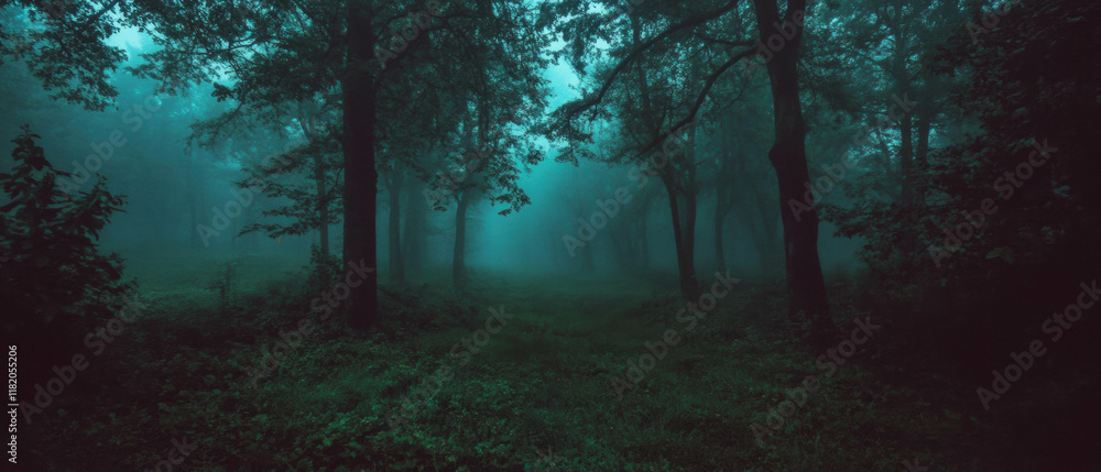 Poster Mysterious fog envelops a lush forest creating an atmospheric escape