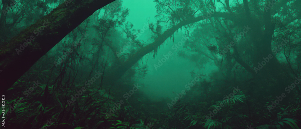 Poster mysterious forest shrouded in fog creating an atmospheric and enchanting landscape