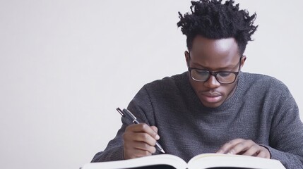 Focused student studying notes indoors, writing