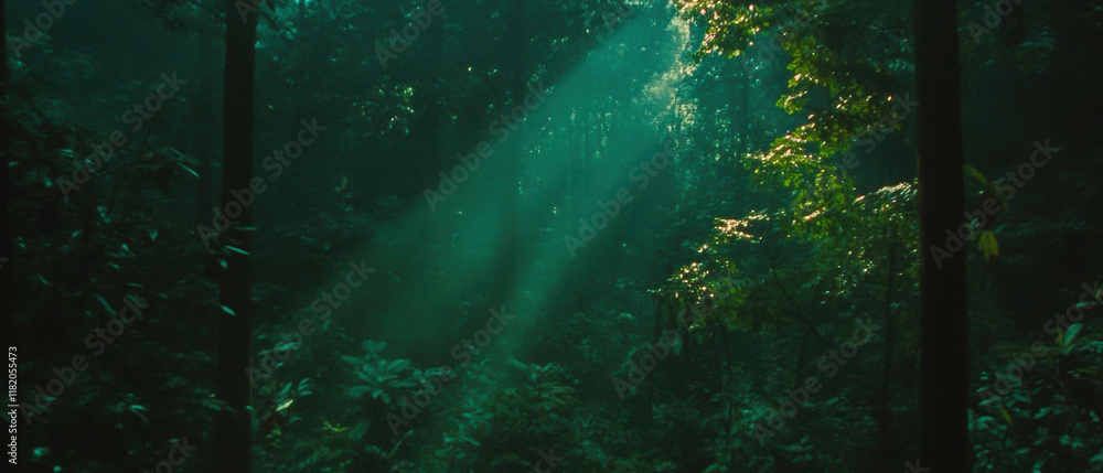 Poster Sunbeams illuminating a lush forest creating a serene and magical atmosphere