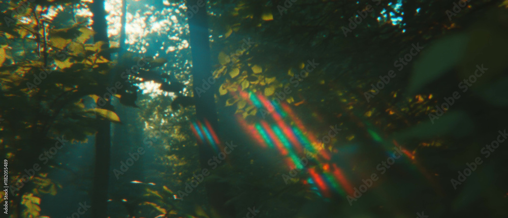 Poster enchanted forest with luminous sunbeams shining through lush greenery in a magical setting