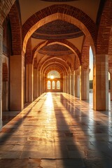 Fototapeta premium Sunlit arcade with arched columns and marble floor.