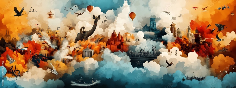 Poster surreal digital artwork featuring a dreamlike cityscape with a vibrant colorful atmosphere whimsical
