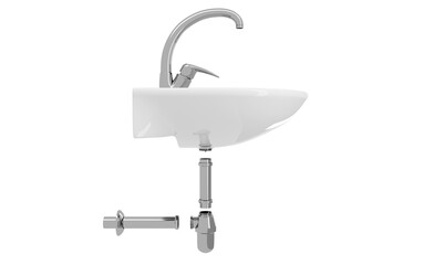 A side view of a white sink with a water tap. The plumbing of construction details, including a chrome pipes and siphon, isolated on a transparent background. PNG. 3d illustration.