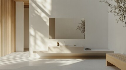 A realistic photo of a minimalist bathroom with white walls, a frameless mirror, and a floating vanity, accented by light wood details for a clean and serene look.