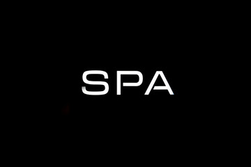 spa sign. White spa lettering on black background. Glowing spa sign. Sign. White letters on black background. minimalism. symmetry