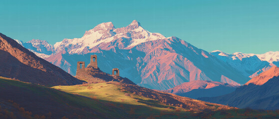 Majestic Georgian mountains with ancient watchtowers under clear blue skies