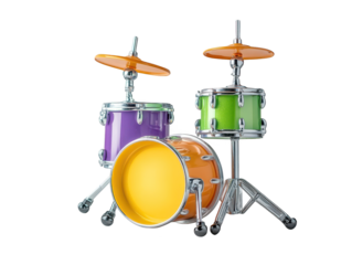 Vibrant yellow and purple drum set, a colorful rhythm machine