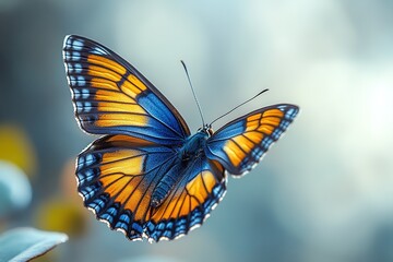 Obraz premium A vibrant butterfly with blue and orange wings perched delicately, showcasing nature's beauty.