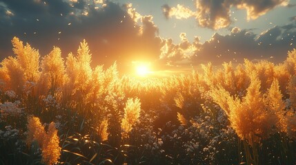 A golden sunset over a field of tall grasses and flowers, creating a serene and tranquil atmosphere.