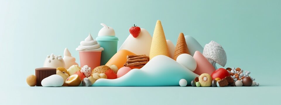 A 3D rendered visualization showcasing the frequency distribution of food consumption patterns within a population  The image presents an abstract data driven display of various food items