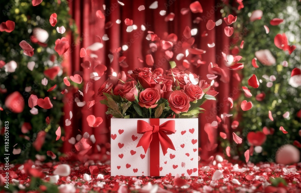Poster a 3d podium with a display featuring a red background, showing a surprise: an open gift box with ros