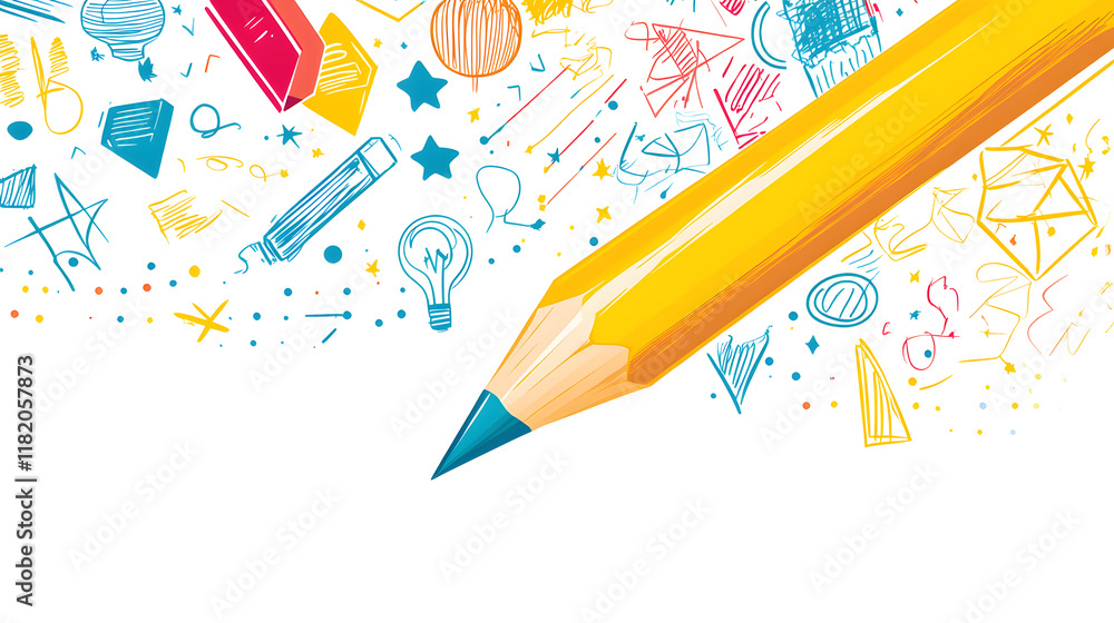 Poster flat design vector illustration of a yellow pencil creating a fantastic image with creative graphic 