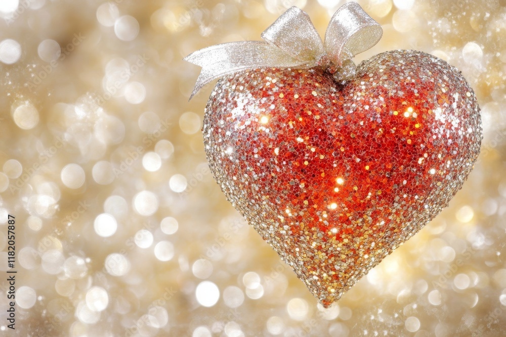 Poster a red heart adorned with a ribbon lies on a table, surrounded by blurred lights and a hazy backgroun
