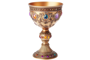 Intricately designed golden chalice embellished with colorful gemstones resting on a white surface