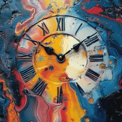 Obraz premium An abstract art piece featuring a colorful, swirling background with a vintage clock displaying Roman numerals.