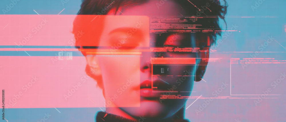 Poster digital glitch effect creates a distorted representation of a calm individual
