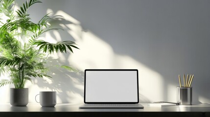 Fototapeta premium Workspace laptop computer, tablet, pencil and coffee cup with plant pot on modern office table.