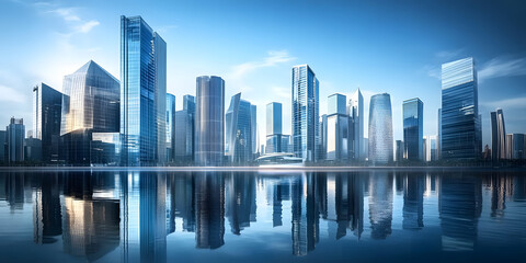 Obraz premium Modern skyscrapers of a smart city, futuristic financial district, graphic perspective of buildings and reflections - Architectural blue background for corporate and business brochure template