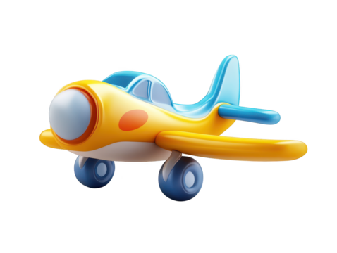 Blue and yellow toy airplane poised for imaginary flight adventures 