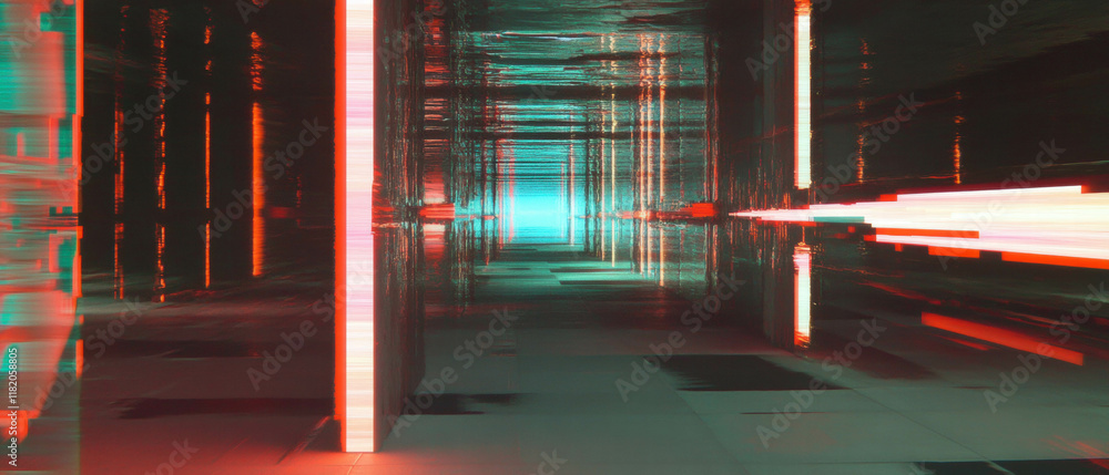 Poster exploration of digital decay through glitch art creating distorted visuals in a futuristic setting