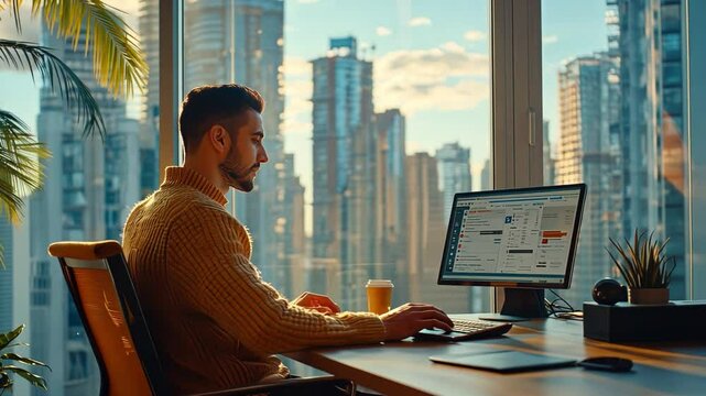 A man is sitting at a desk in front of a computer monitor. He is wearing a yellow sweater and he is working on a project.