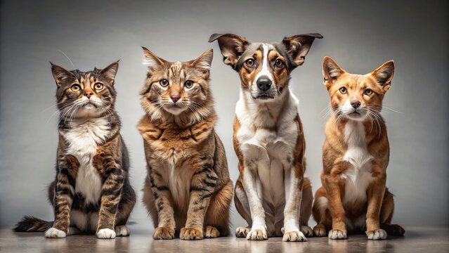 Sad Homeless Pets: Studio Shot of Dogs and Cats Seeking Shelter - Support Animal Rescue