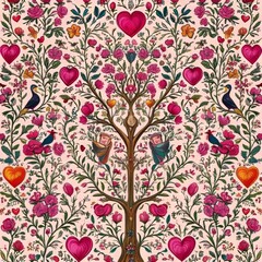 Romantic seamless pattern for Valentine's Day celebration. Couples holding flowers, soaring doves, a love gun, and a heart-shaped lock. Hand-drawn elements in a retro style