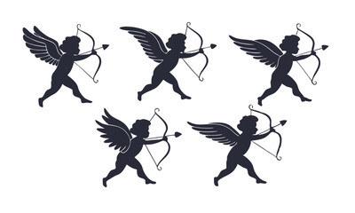 Silhouettes of Cupid Illustrations Featuring Bows, Arrows, and Wings