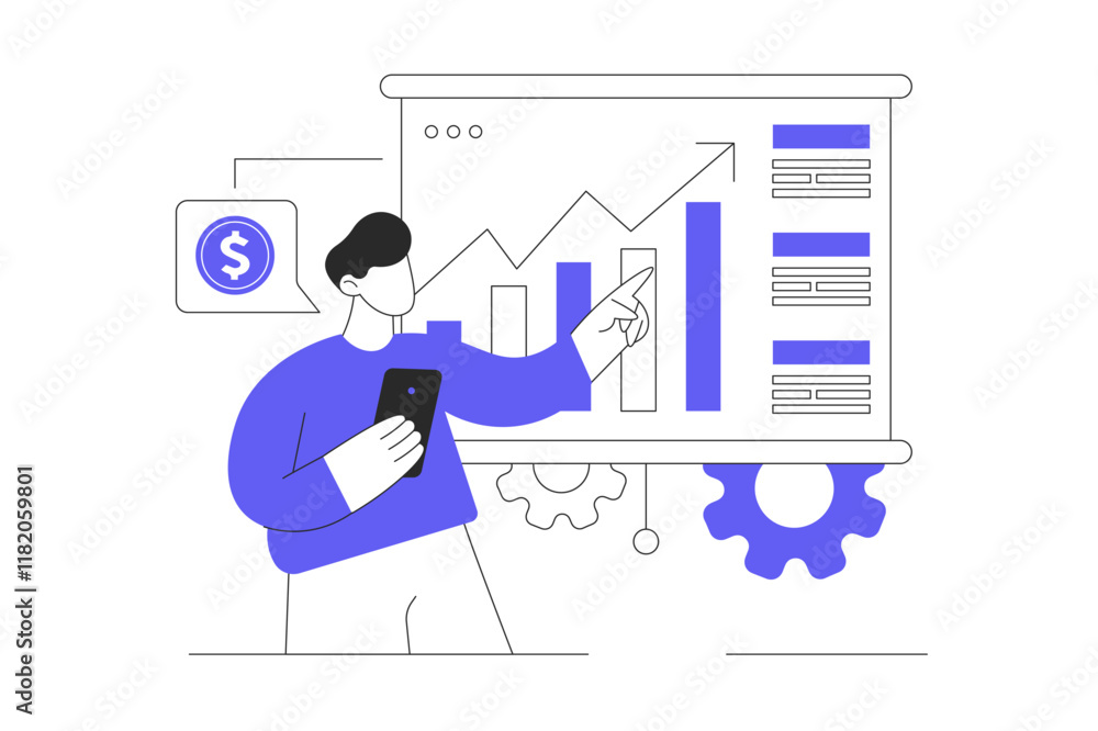 Poster business analytics monitoring web concept. reporting dashboard and data analytics research for busin